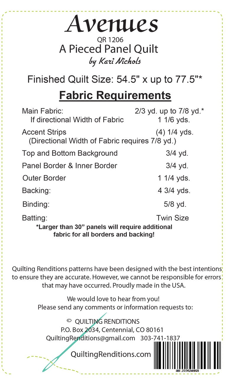 Avenues Panel Quilt, Pattern